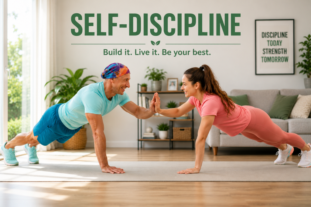 Building Self-Discipline Through Bodyweight Training Man and woman doing a bodyweight plank workout at home to build self-discipline and healthy habits