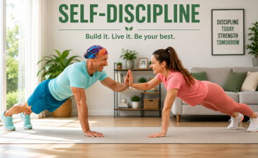 Building Self-Discipline Through Bodyweight Training Man and woman doing a bodyweight plank workout at home to build self-discipline and healthy habits