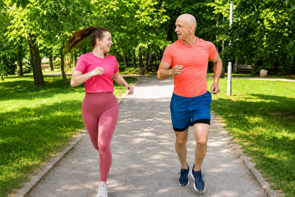 How to Find Motivation for Healthy Habits Man and woman running in a green park, showing how to find motivation for healthy habits