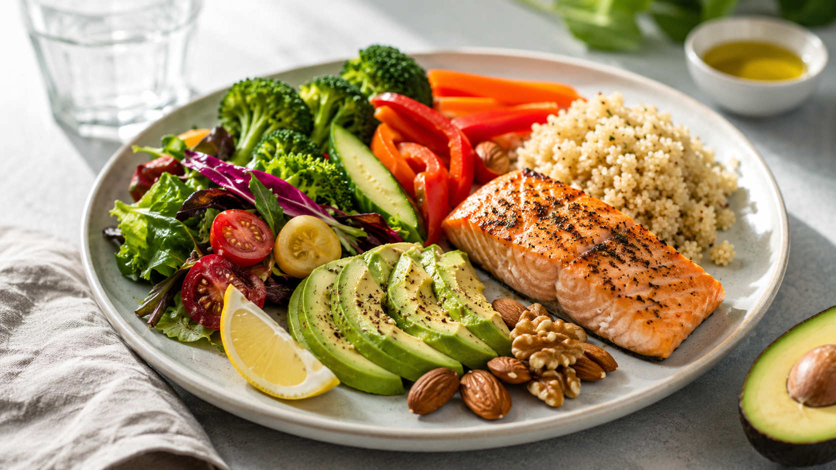 Balanced Diet Healthy Plate with Salmon, Avocado, Vegetables, and Quinoa Nutrition and healthy eating with fresh avocado and vegetables