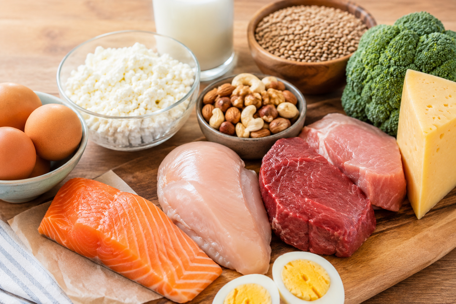 Protein: How Much Do You Really Need Each Day? 1 High-protein foods including salmon, eggs, chicken, beef, cottage cheese, nuts, legumes, and broccoli