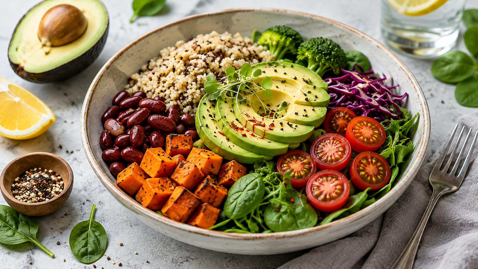 Healthy Dinner Bowl with Avocado and Quinoa Healthy eating bowl with avocado, quinoa, chickpeas, and fresh vegetables