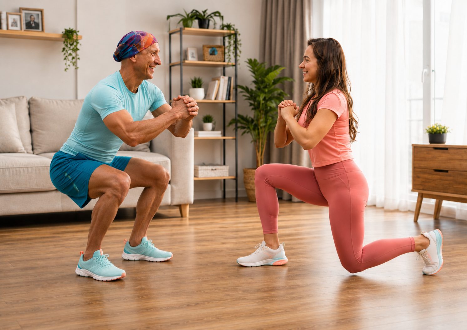 Workout at Home No Equipment: A Simple Full-Body Plan for Real Life 1 Workout at home no equipment – man and woman doing bodyweight exercises